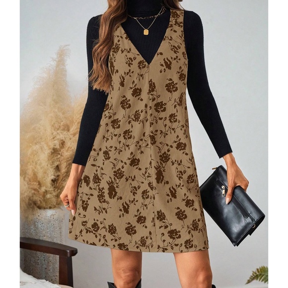 Boho Floral print Corduroy Sleeveless Mini Dress - Picture 3 of 6